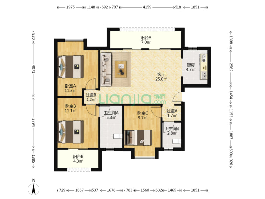 建发中央公园 3室1厅2卫 110平方