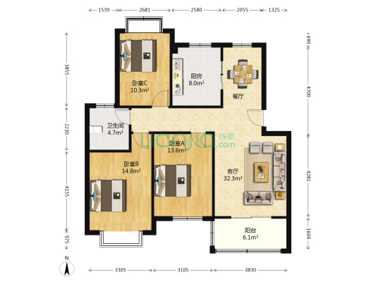 畔水美庭 3室1厅1卫 109平方
