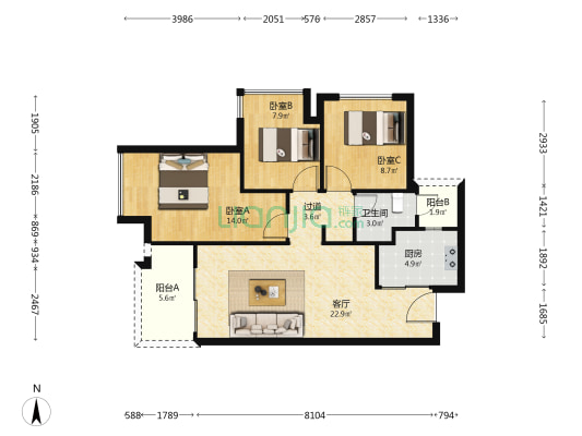 万科四季花城三期 3室1厅1卫 86平方