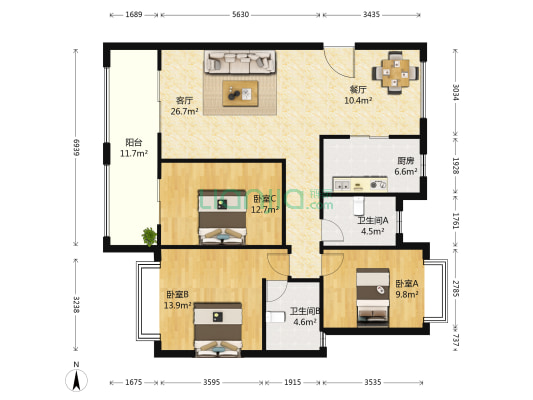 中南世纪花城三期 3室2厅2卫 132平方