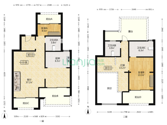 中梁首府壹号院 2室1厅3卫 130平方