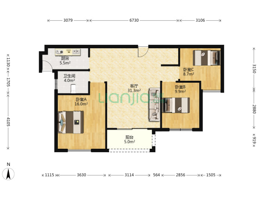 永定家园 3室1厅1卫 99平方