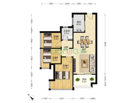 万科万荟花园 3室1厅1卫 76平方