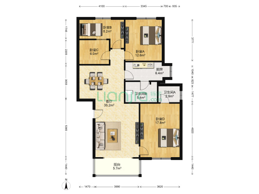 桃花苑商住小区 4室1厅2卫 117平方