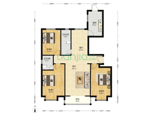 水榭花城 3室2厅2卫 148平方