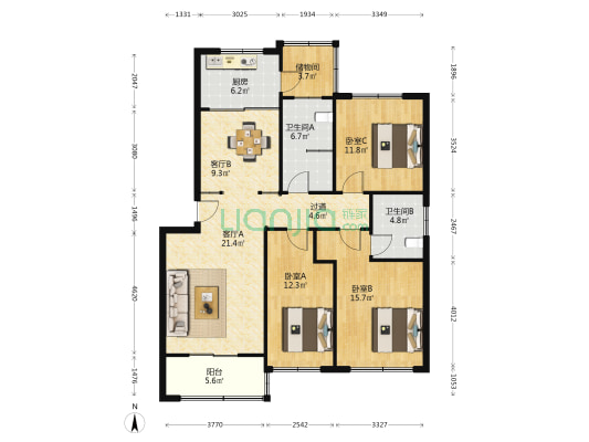 乐天小区五区 3室2厅2卫 131平方
