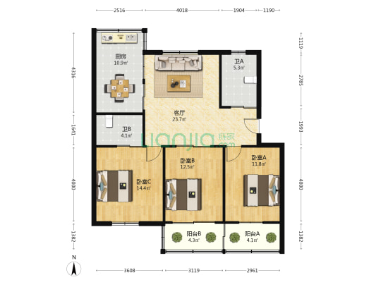 康达公寓 3室1厅2卫 111平方