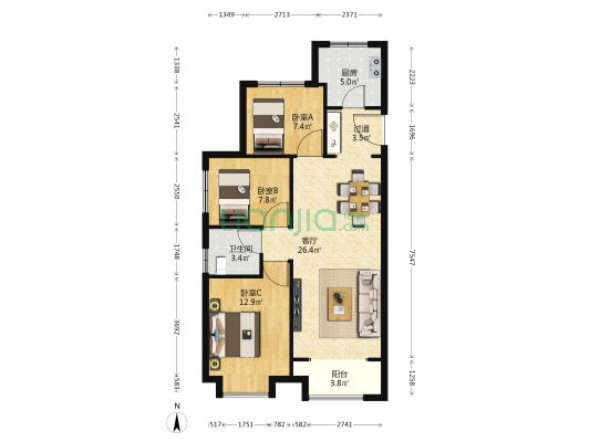 大唐印象唐槿苑 3室1厅1卫 103平方