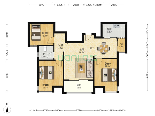 蔚来云城颐园 3室1厅1卫 96平方