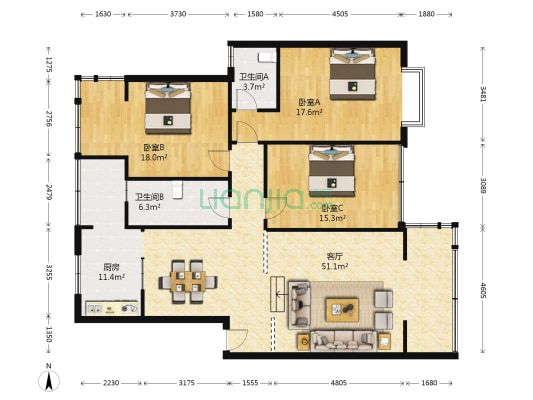梧桐花园 3室1厅2卫 128平方