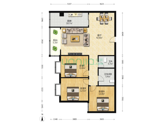 航天和美 3室1厅2卫 140平方