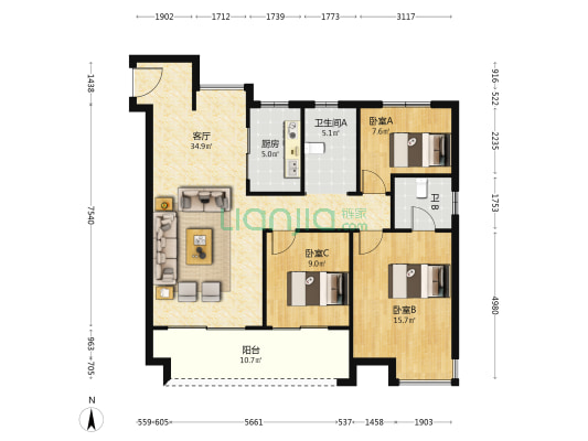 华力名著西区 3室1厅2卫 117平方