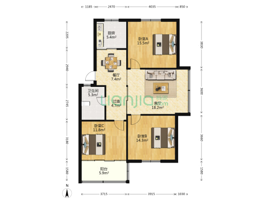 滨江花园东区 3室2厅1卫 110平方