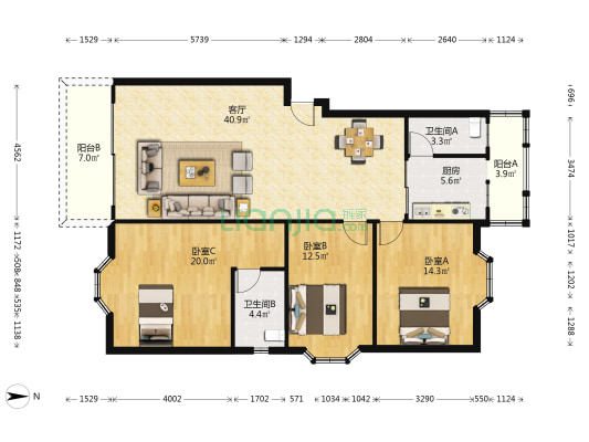塘福路 3室1厅2卫 127平方