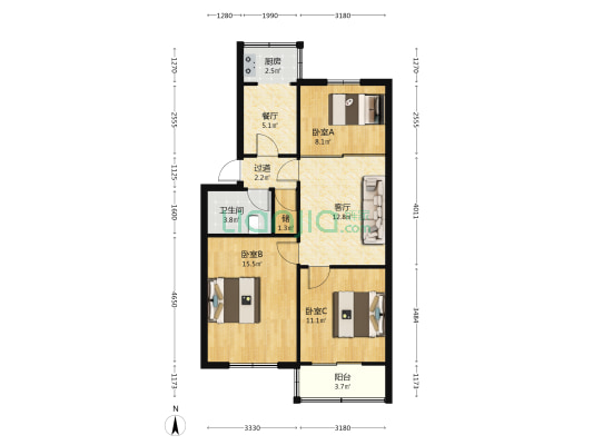 雪驰一号院 3室2厅1卫 83平方