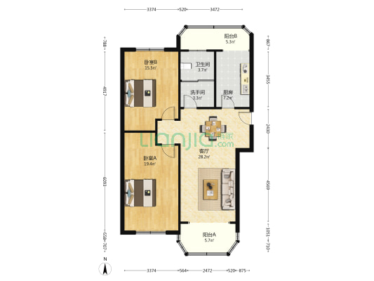 古城公寓 2室1厅2卫 105平方