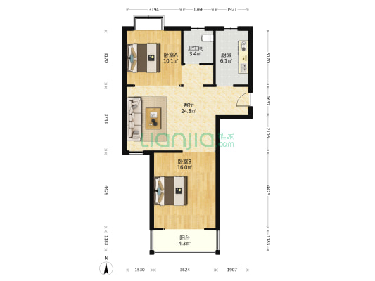同福花园 2室1厅1卫 84平方
