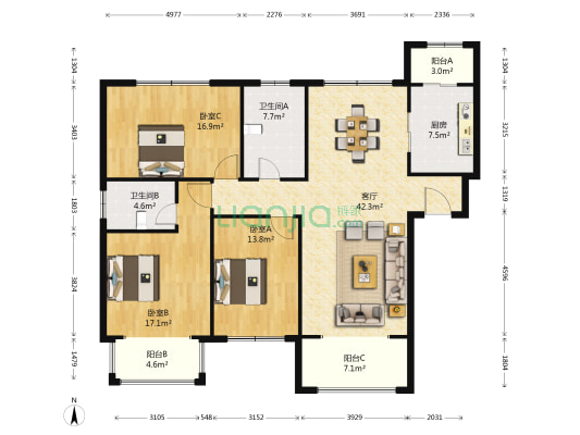 青阳宝岛花园二期 3室1厅2卫 154平方