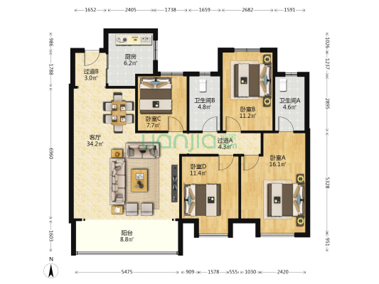 华润凯旋门 4室1厅2卫 140平方