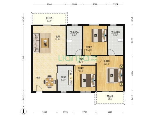 安仁里小区 3室1厅2卫 124平方