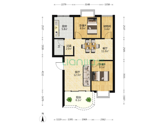 百丽园 2室2厅1卫 71平方