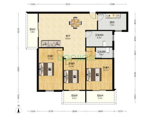 南湖城市大厦 3室1厅2卫 134平方
