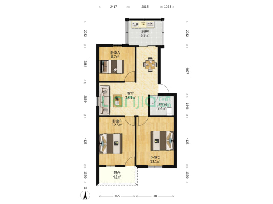福仕新村 3室1厅1卫 87平方
