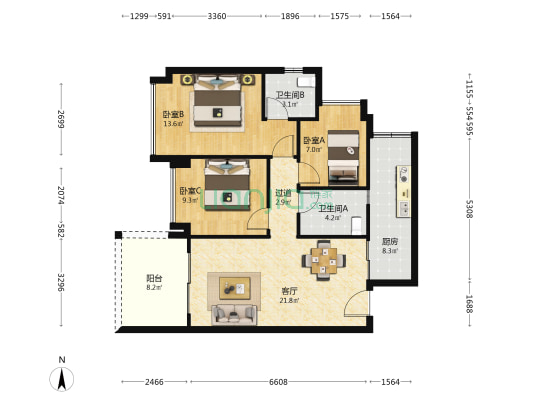 建工翰林华庭 3室1厅2卫 98平方