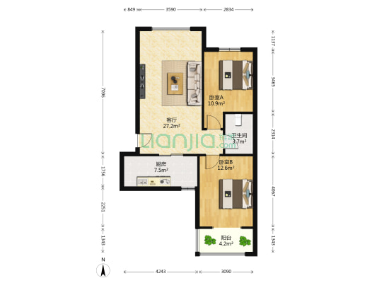 都市阳光 2室1厅1卫 98平方