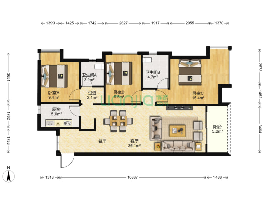 保利大都会尚湖 3室1厅2卫 120平方