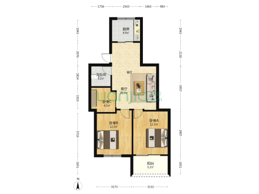 耀隆集团职工宿舍 3室1厅1卫 79平方