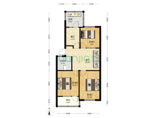 邯钢化肥厂家属院 3室2厅1卫 76平方