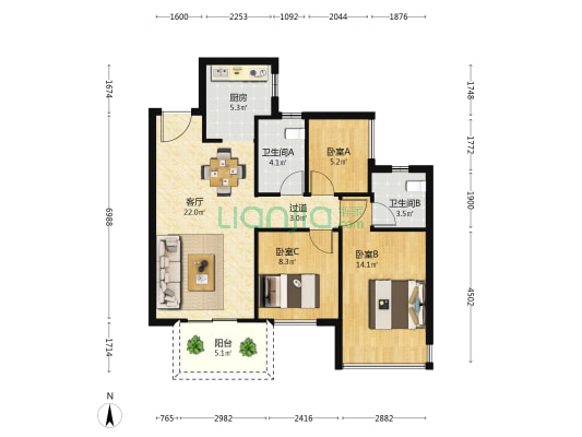 融创九熙府三期 3室1厅2卫 89平方