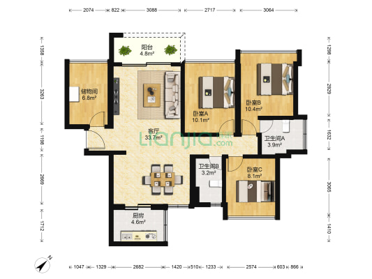祥圣富地 3室1厅2卫 90平方