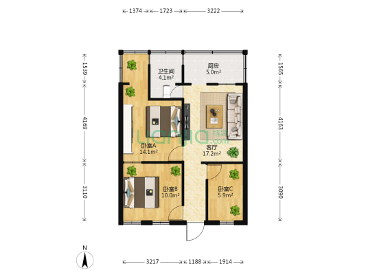云南艺术剧院宿舍 3室1厅1卫 63平方