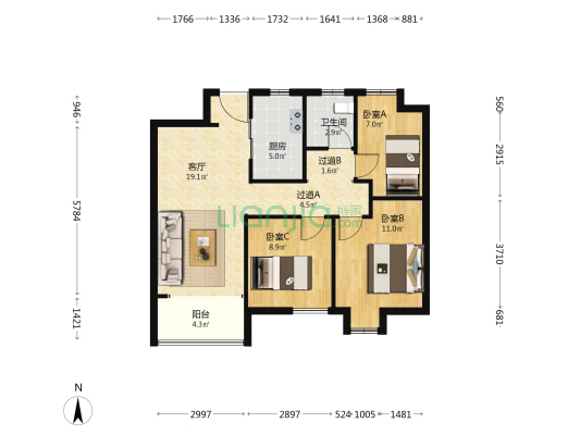 新力紫园 3室1厅1卫 88平方