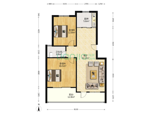 吾丰花园 2室1厅1卫 128平方