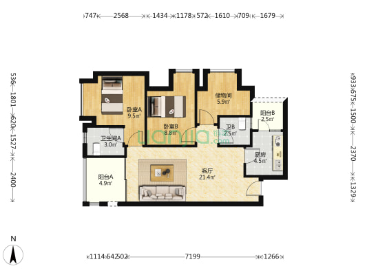 天澜上境 2室1厅2卫 76平方