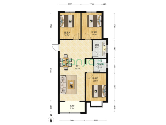 万腾翡翠和苑 3室1厅1卫 116平方