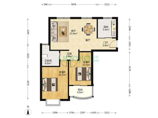 宙辉国际花园 2室1厅1卫 96平方