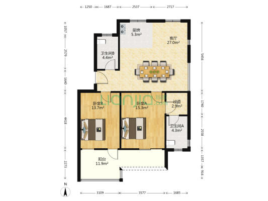 龙鼎御园北区 2室1厅2卫 96平方