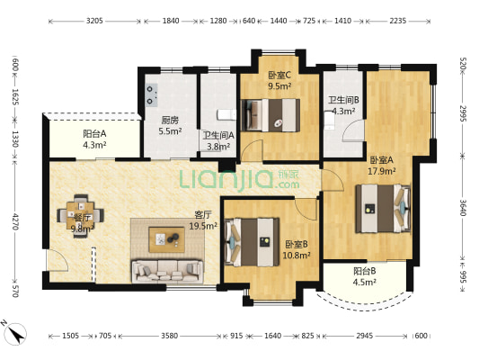 建华花园 3室2厅2卫 107平方