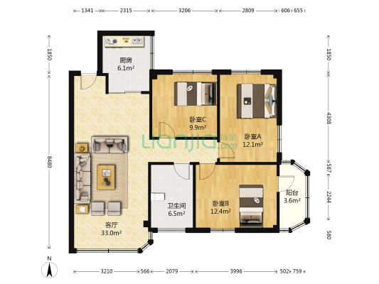 盐步龙华小区 3室1厅1卫 110平方
