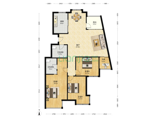 众安山水苑二期 4室1厅2卫 154平方