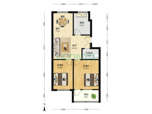 木材公寓 2室2厅1卫 72平方