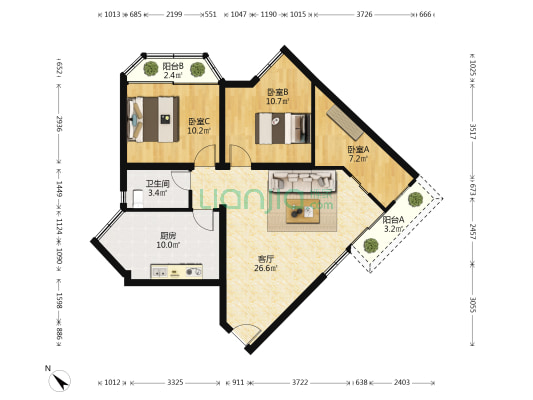 莲花北路 3室1厅1卫 83平方