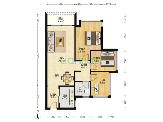 时代保利中环广场南区 3室1厅1卫 86平方