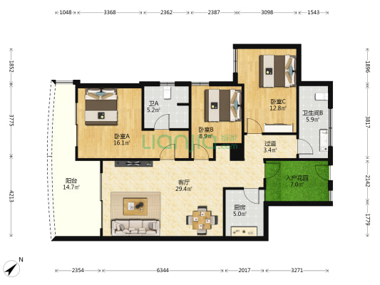 蓝海华庭 3室1厅2卫 131平方