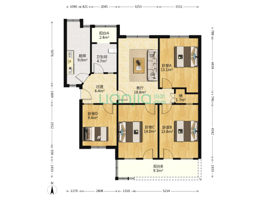 建工集团宿舍 4室1厅1卫 115平方