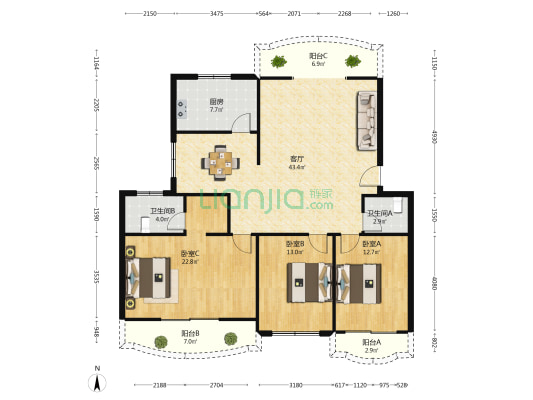 邦华公寓 3室1厅2卫 138平方